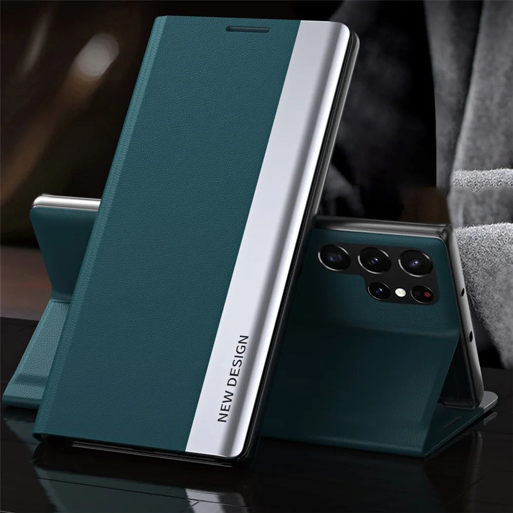Light Slim Anti-drop PU Leather Phone Cover with Stand for Samsung Galaxy S22 Ultra 5G - Green - 2