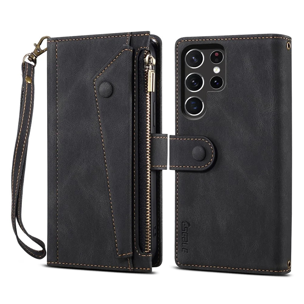 Scratch-resistant Wallet Design Phone Flip Case Drop-proof Zippered Pocket Phone Cover with Stand for Samsung Galaxy S22 Ultra 5G - Black - 1
