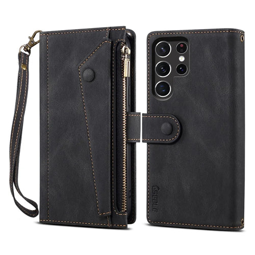 Scratch-resistant Wallet Design Phone Flip Case Drop-proof Zippered Pocket Phone Cover with Stand for Samsung Galaxy S22 Ultra 5G - Black - 1