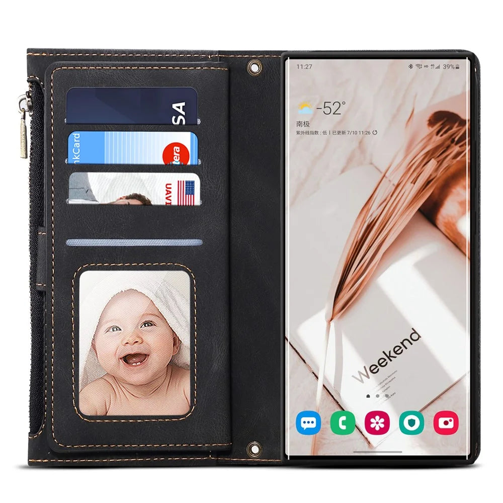 Scratch-resistant Wallet Design Phone Flip Case Drop-proof Zippered Pocket Phone Cover with Stand for Samsung Galaxy S22 Ultra 5G - Black - 5