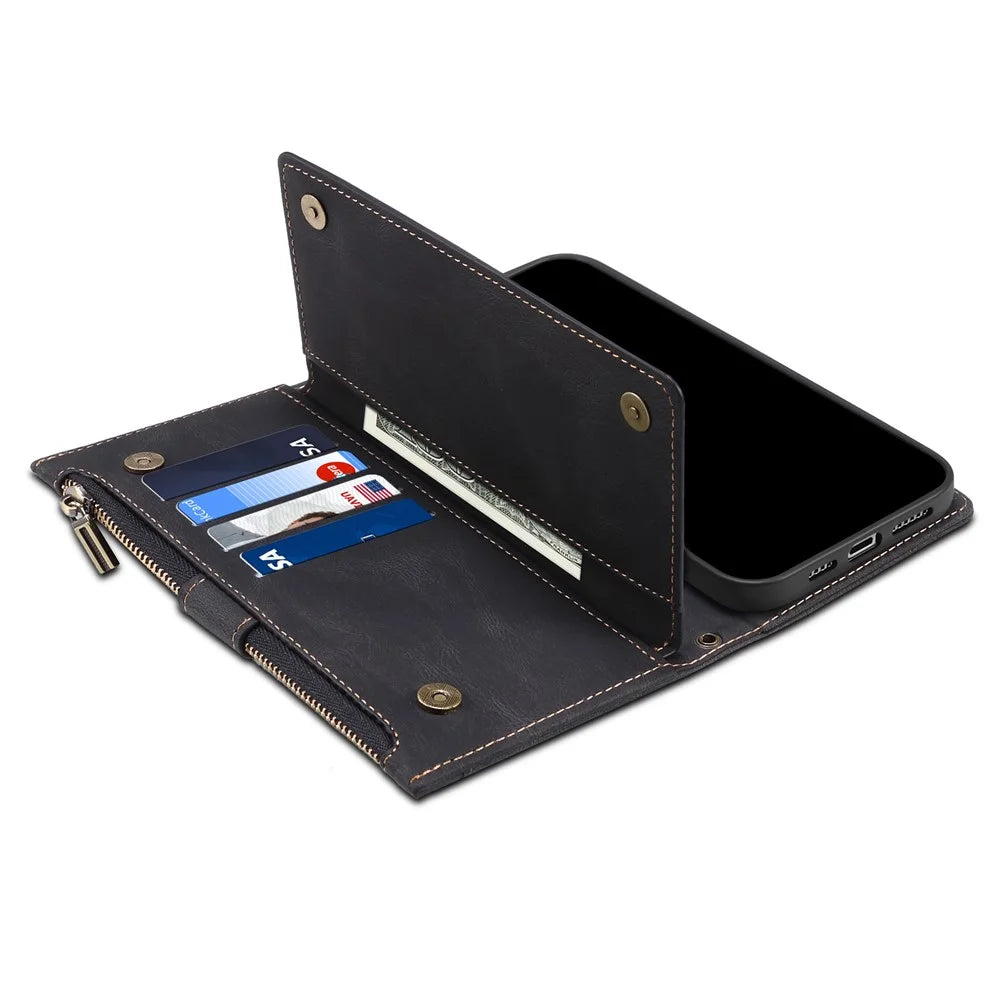 Scratch-resistant Wallet Design Phone Flip Case Drop-proof Zippered Pocket Phone Cover with Stand for Samsung Galaxy S22 Ultra 5G - Black - 6