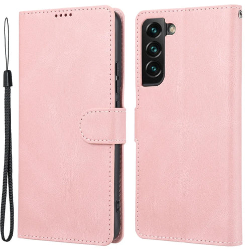 Classic Style Wallet Stand Full Protection Leather Phone Cover Case with Strap for Samsung Galaxy S22 5G - Pink - 1