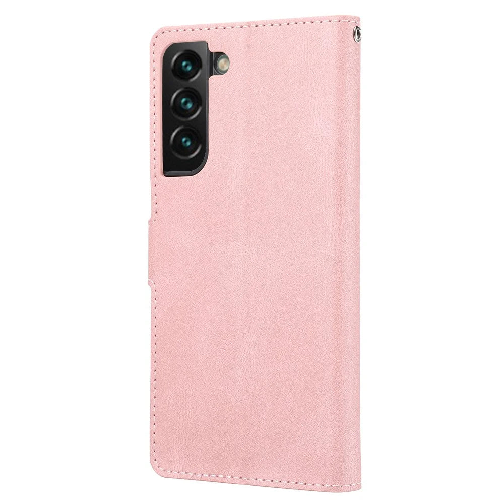 Classic Style Wallet Stand Full Protection Leather Phone Cover Case with Strap for Samsung Galaxy S22 5G - Pink - 3