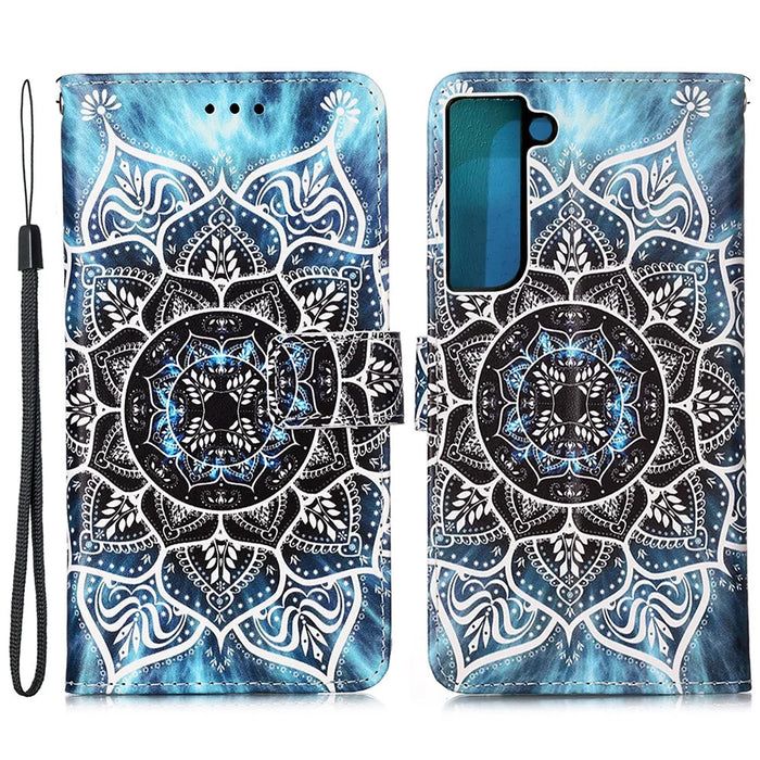 Pattern Printing Stand Wallet PU Leather + TPU Phone Cover Shell with Hand Strap for Samsung Galaxy S22 5G - Mandala Flower - 1