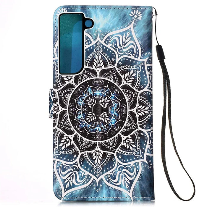 Pattern Printing Stand Wallet PU Leather + TPU Phone Cover Shell with Hand Strap for Samsung Galaxy S22 5G - Mandala Flower - 3