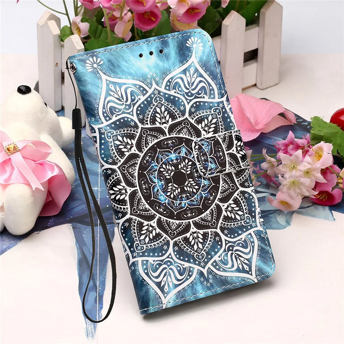Pattern Printing Stand Wallet PU Leather + TPU Phone Cover Shell with Hand Strap for Samsung Galaxy S22 5G - Mandala Flower - 6