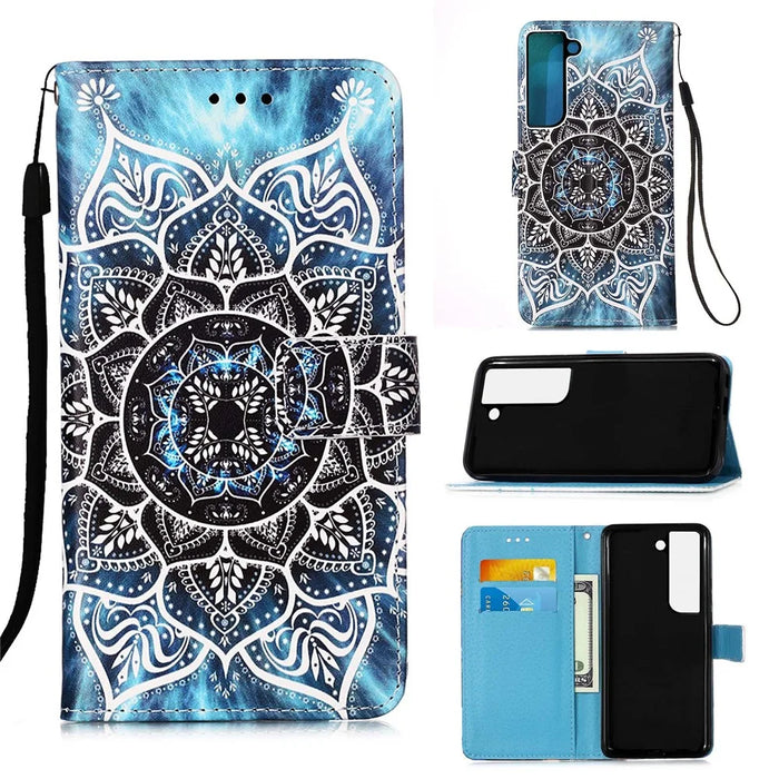 Pattern Printing Stand Wallet PU Leather + TPU Phone Cover Shell with Hand Strap for Samsung Galaxy S22 5G - Mandala Flower - 7