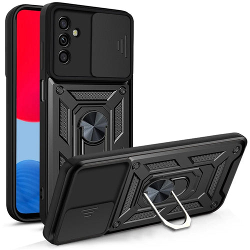 Anti-scratch Anti-fingerprint Ring Kickstand Design Camera Slide Cover PC + TPU Hybrid Case for Samsung Galaxy A13 5G - Black - 1