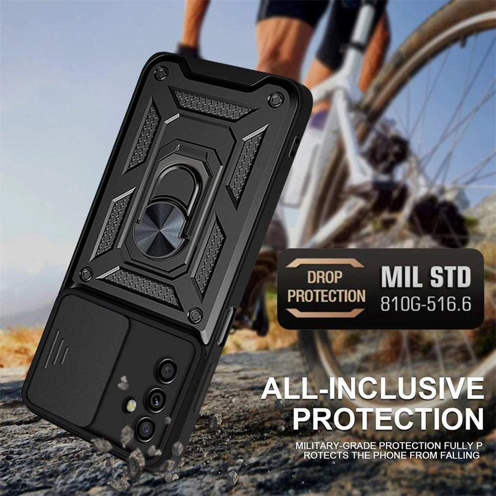 Anti-scratch Anti-fingerprint Ring Kickstand Design Camera Slide Cover PC + TPU Hybrid Case for Samsung Galaxy A13 5G - Black - 2