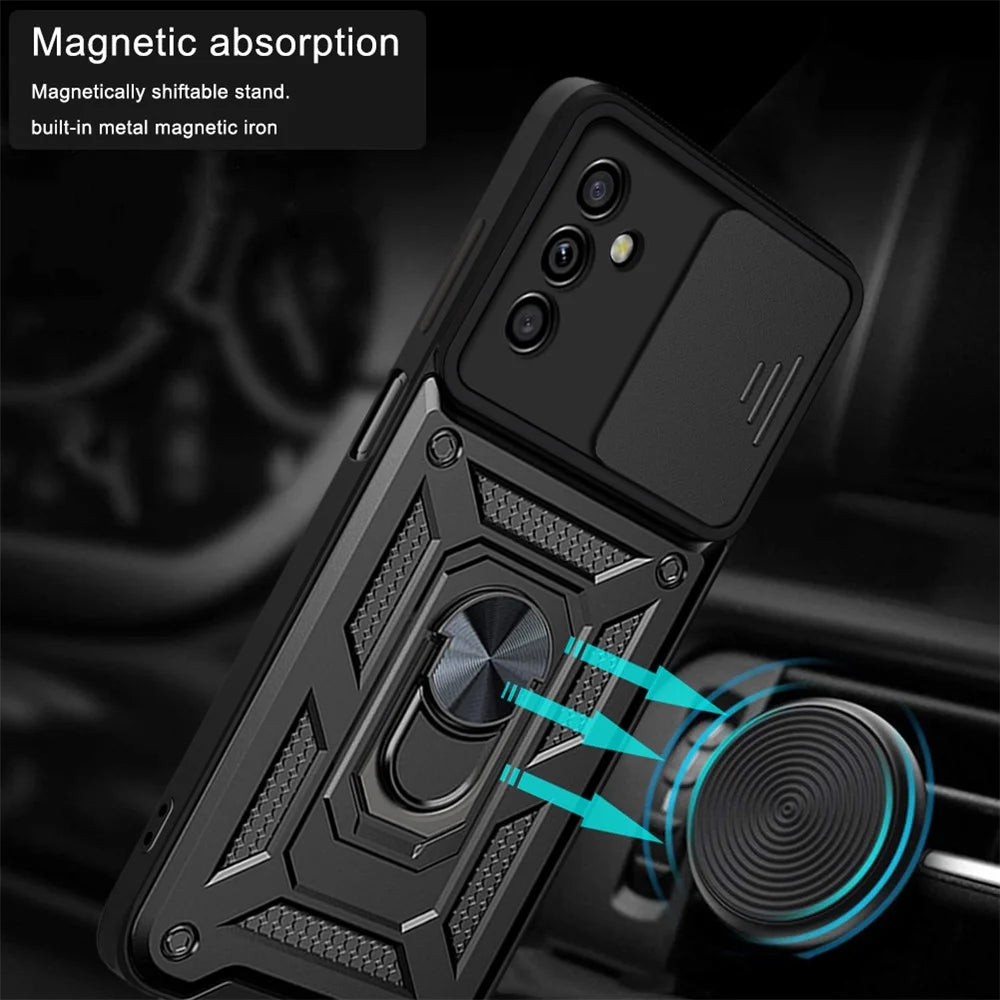 Anti-scratch Anti-fingerprint Ring Kickstand Design Camera Slide Cover PC + TPU Hybrid Case for Samsung Galaxy A13 5G - Black - 3