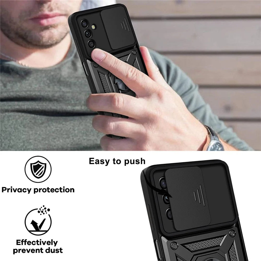 Anti-scratch Anti-fingerprint Ring Kickstand Design Camera Slide Cover PC + TPU Hybrid Case for Samsung Galaxy A13 5G - Black - 4