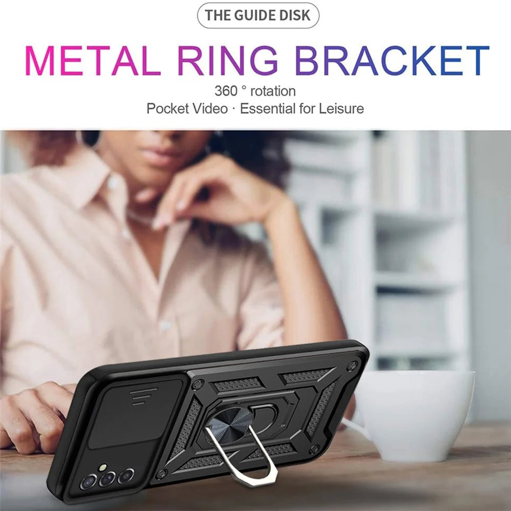 Anti-scratch Anti-fingerprint Ring Kickstand Design Camera Slide Cover PC + TPU Hybrid Case for Samsung Galaxy A13 5G - Black - 5