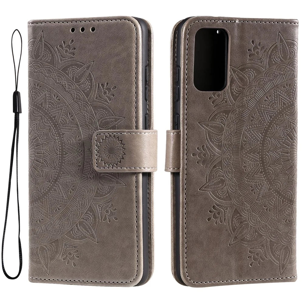 For Samsung Galaxy A33 5G Imprinted Mandala Flower PU Leather Phone Case Wallet Stand Design Flip Cover with Strap - Grey - 1