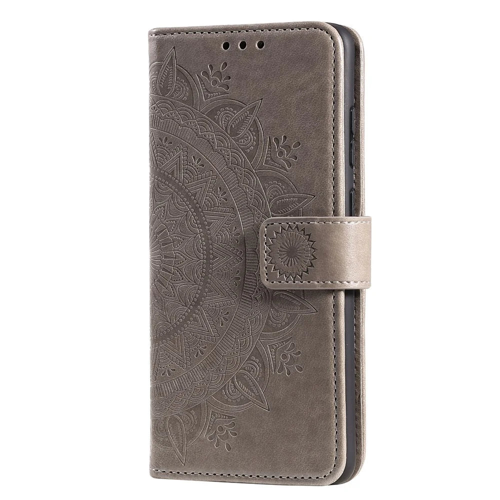 For Samsung Galaxy A33 5G Imprinted Mandala Flower PU Leather Phone Case Wallet Stand Design Flip Cover with Strap - Grey - 2