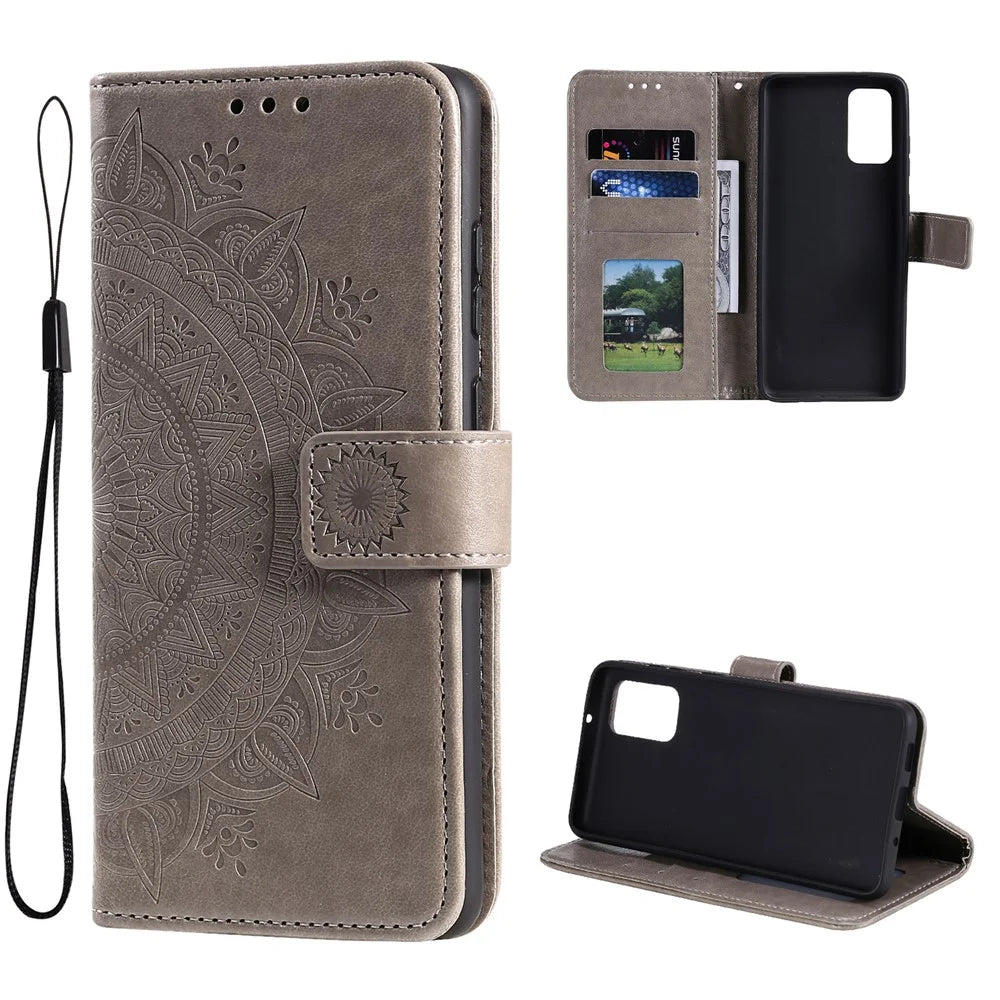 For Samsung Galaxy A33 5G Imprinted Mandala Flower PU Leather Phone Case Wallet Stand Design Flip Cover with Strap - Grey - 6