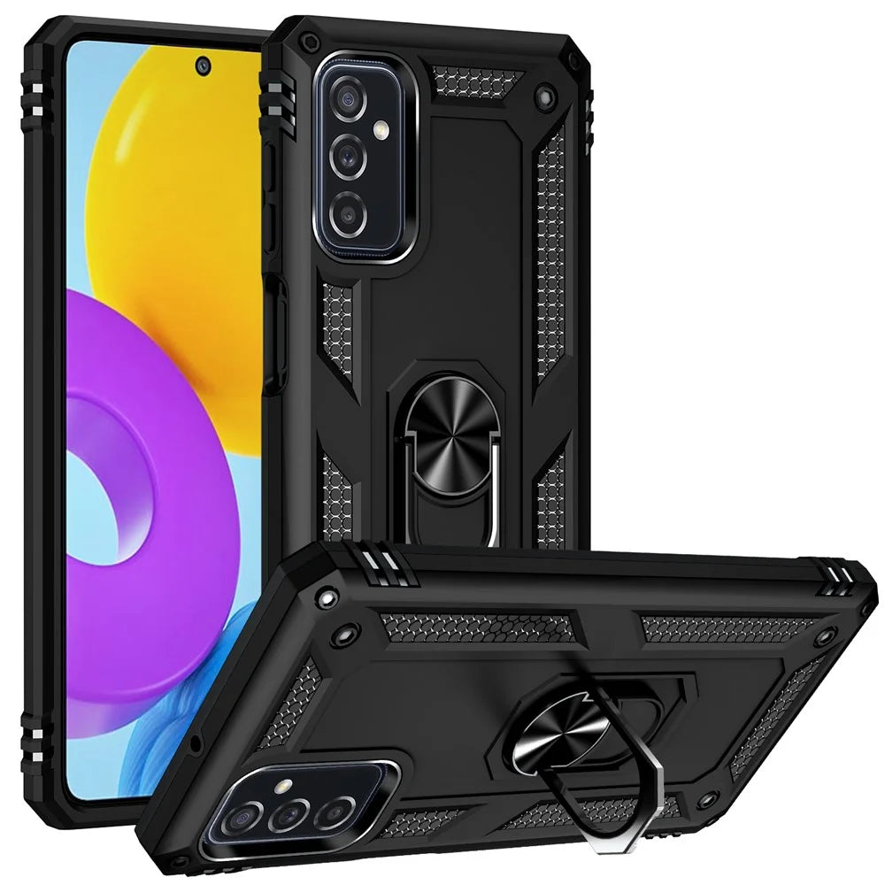 Ring Holder Kickstand Scratch-resistant Anti-drop Phone Cover PC + TPU Hybrid Case with Built-in Metal Sheet for Samsung Galaxy M52 5G - Black - 1