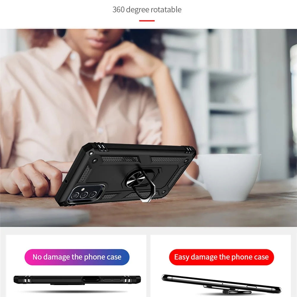 Ring Holder Kickstand Scratch-resistant Anti-drop Phone Cover PC + TPU Hybrid Case with Built-in Metal Sheet for Samsung Galaxy M52 5G - Black - 5