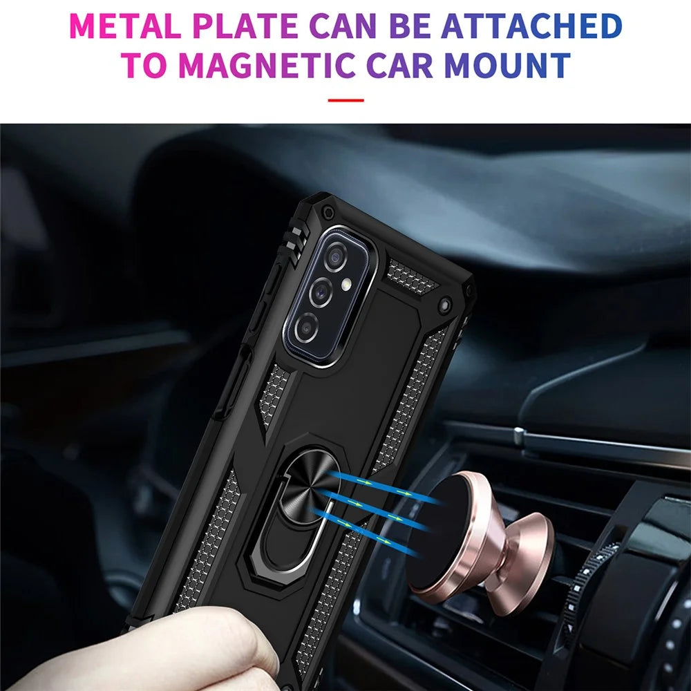 Ring Holder Kickstand Scratch-resistant Anti-drop Phone Cover PC + TPU Hybrid Case with Built-in Metal Sheet for Samsung Galaxy M52 5G - Black - 6
