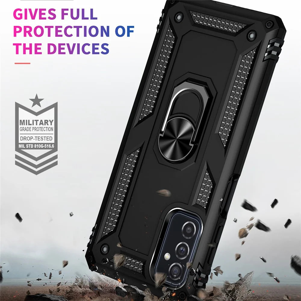Ring Holder Kickstand Scratch-resistant Anti-drop Phone Cover PC + TPU Hybrid Case with Built-in Metal Sheet for Samsung Galaxy M52 5G - Black - 7