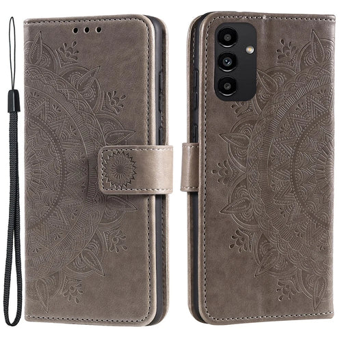 For Samsung Galaxy A13 4G Shockproof Wallet Stand Design Imprinted Mandala Flower PU Leather Phone Flip Cover Case  - Grey - 1