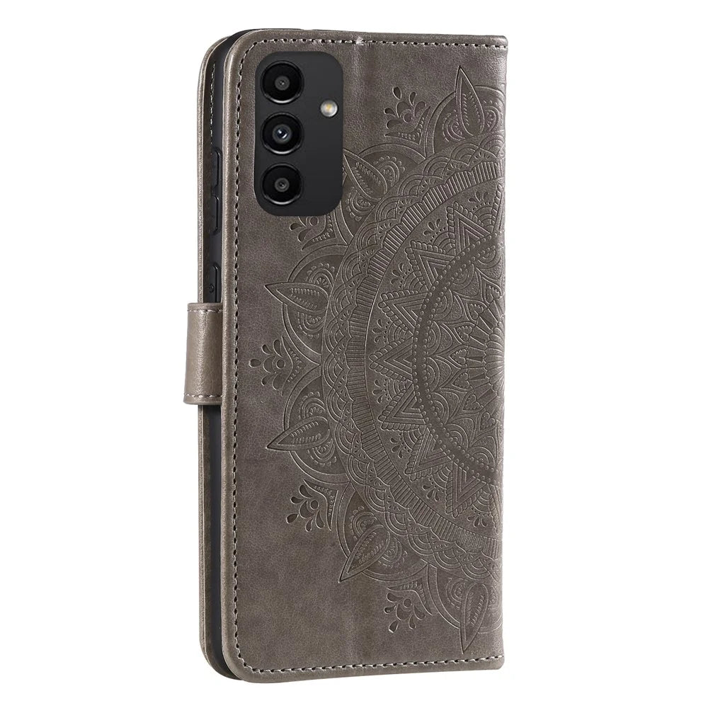 For Samsung Galaxy A13 4G Shockproof Wallet Stand Design Imprinted Mandala Flower PU Leather Phone Flip Cover Case  - Grey - 3
