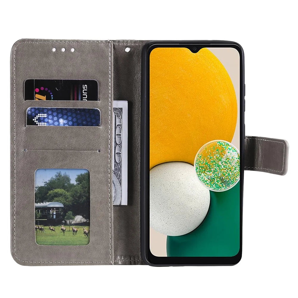 For Samsung Galaxy A13 4G Shockproof Wallet Stand Design Imprinted Mandala Flower PU Leather Phone Flip Cover Case  - Grey - 4