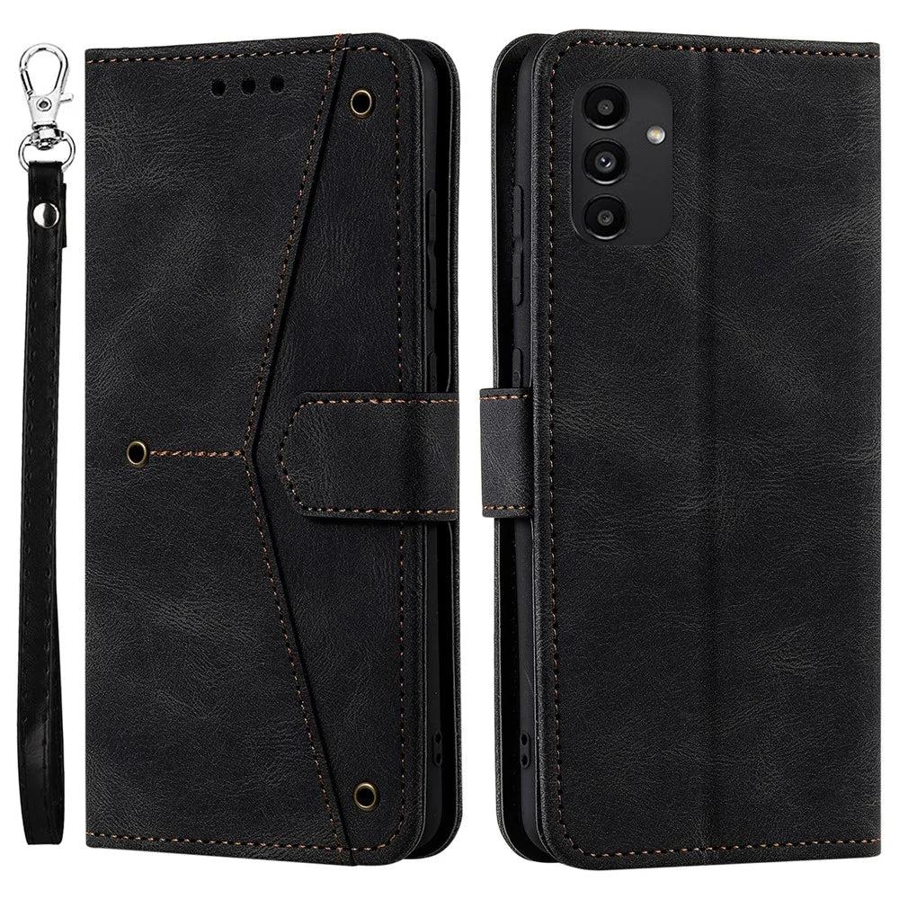 Wrist Strap Protective Cover Splicing PU Leather and TPU Phone Flip Case Stitching Skin-touch Stand Wallet for Samsung Galaxy A13 4G - Black - 1