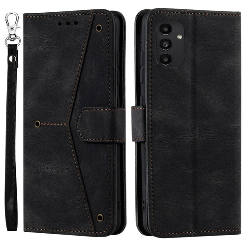 Wrist Strap Protective Cover Splicing PU Leather and TPU Phone Flip Case Stitching Skin-touch Stand Wallet for Samsung Galaxy A13 4G - Black - 1