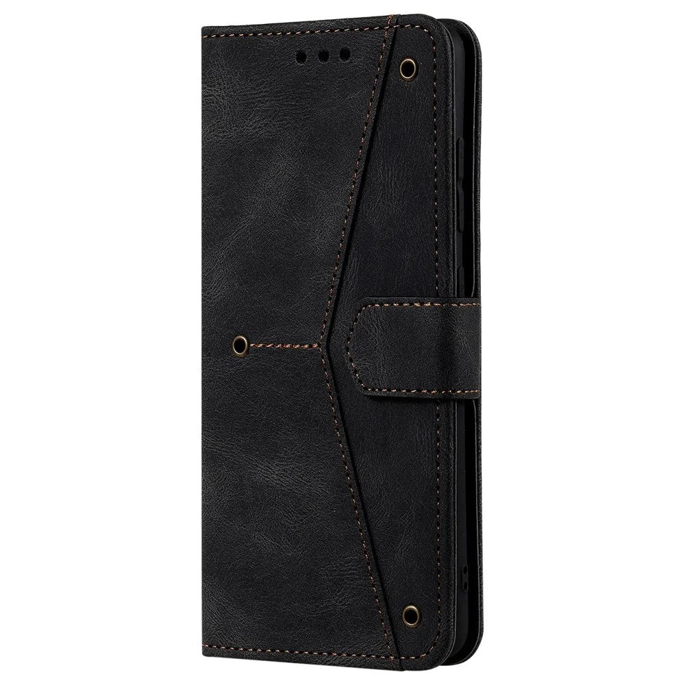 Wrist Strap Protective Cover Splicing PU Leather and TPU Phone Flip Case Stitching Skin-touch Stand Wallet for Samsung Galaxy A13 4G - Black - 3