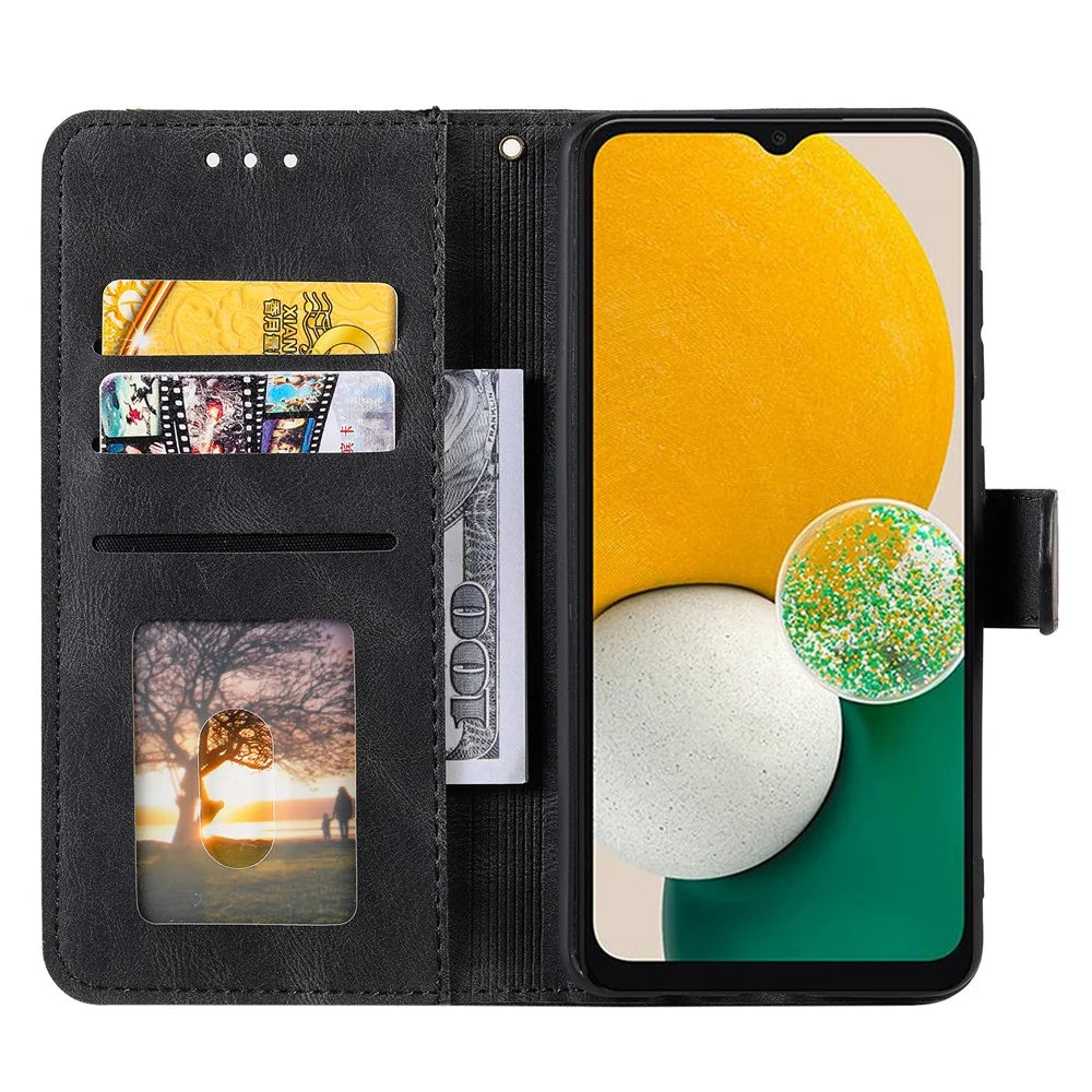 Wrist Strap Protective Cover Splicing PU Leather and TPU Phone Flip Case Stitching Skin-touch Stand Wallet for Samsung Galaxy A13 4G - Black - 5