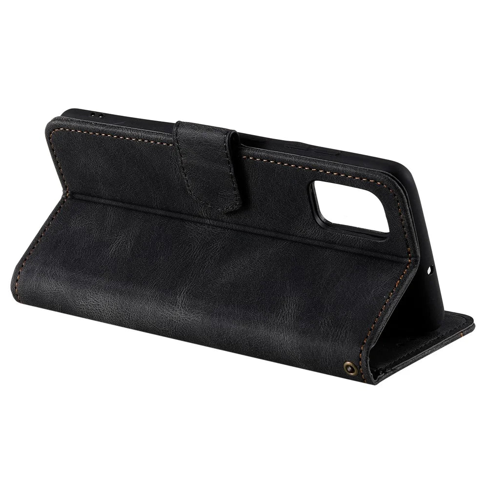 Wrist Strap Protective Cover Splicing PU Leather and TPU Phone Flip Case Stitching Skin-touch Stand Wallet for Samsung Galaxy A13 4G - Black - 6