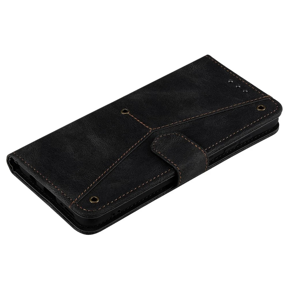 Wrist Strap Protective Cover Splicing PU Leather and TPU Phone Flip Case Stitching Skin-touch Stand Wallet for Samsung Galaxy A13 4G - Black - 7