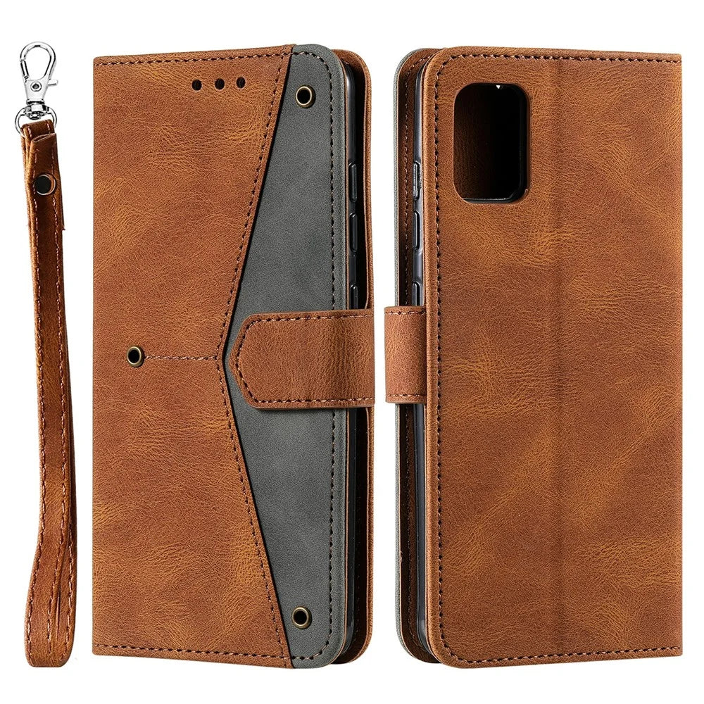 Fashionable Bi-color Design PU Leather and TPU Phone Flip Case Stitching Skin-touch Stand Wallet Phone Shell Cover for Samsung Galaxy A53 5G - Brown - 1