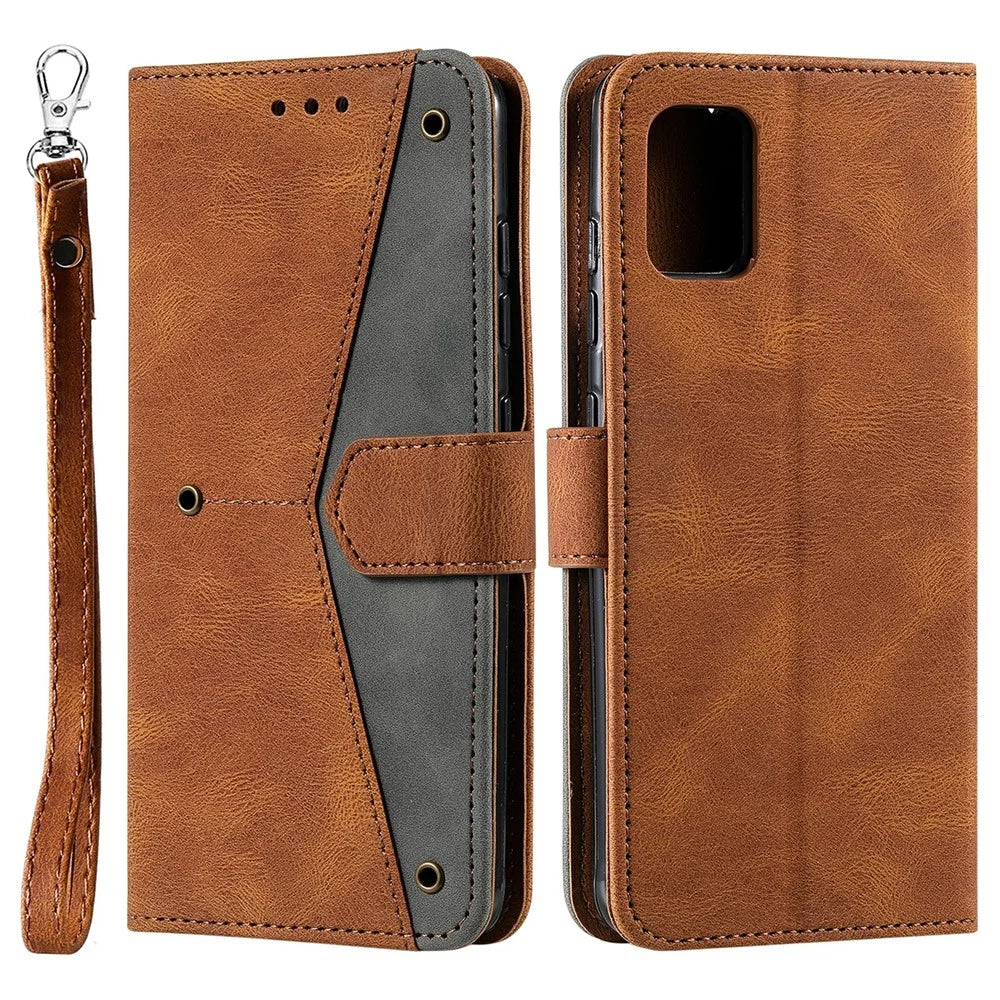 Stitching Surface Splicing Style PU Leather and TPU Phone Flip Case Skin-touch Stand Wallet Phone Protective Cover for Samsung Galaxy A33 5G - Brown - 1