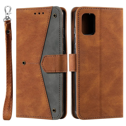Stitching Surface Splicing Style PU Leather and TPU Phone Flip Case Skin-touch Stand Wallet Phone Protective Cover for Samsung Galaxy A33 5G - Brown - 1
