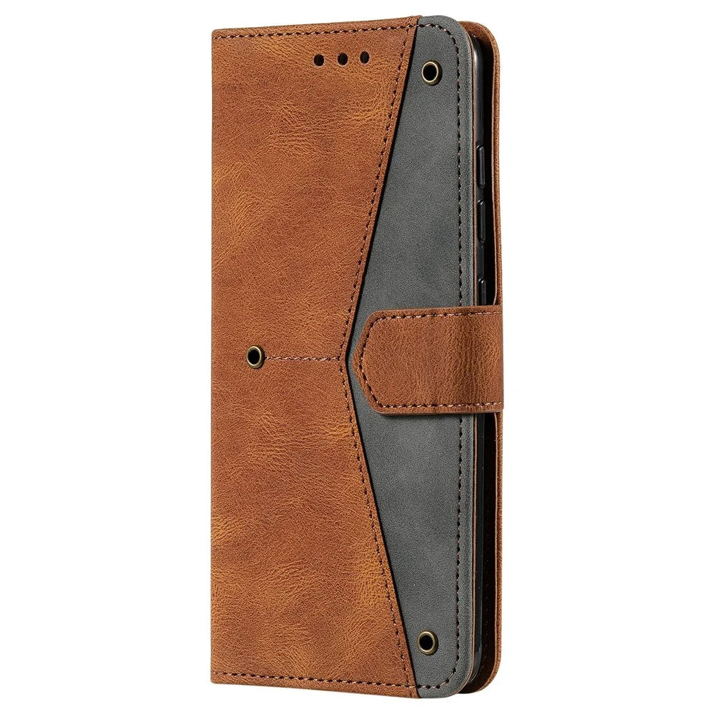 Stitching Surface Splicing Style PU Leather and TPU Phone Flip Case Skin-touch Stand Wallet Phone Protective Cover for Samsung Galaxy A33 5G - Brown - 3