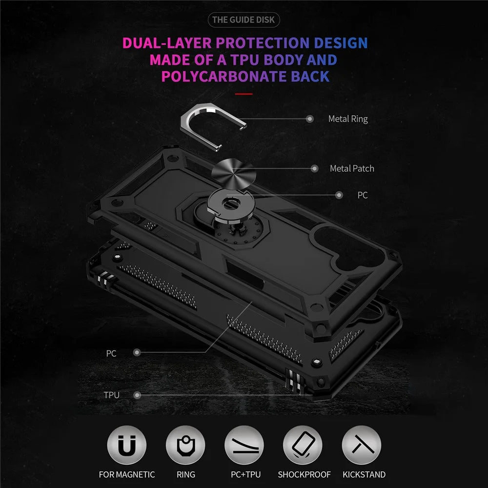 Military Grade Ring Car Mount Kickstand Dual Layer Soft Flexible TPU Hard PC Cover for Samsung Galaxy A13 5G - Black - 3