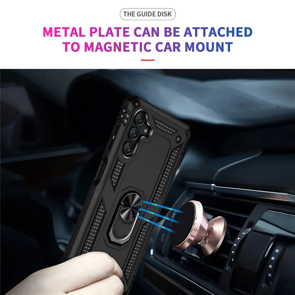 Military Grade Ring Car Mount Kickstand Dual Layer Soft Flexible TPU Hard PC Cover for Samsung Galaxy A13 5G - Black - 6