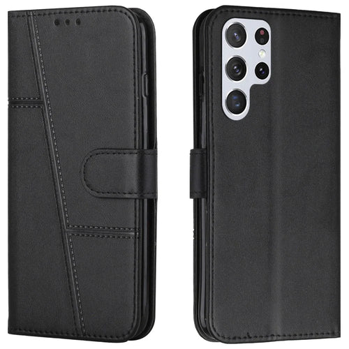 PU Leather Stand Feature Stitching Phone Wallet Cover Case with Strap for Samsung Galaxy S22 Ultra 5G - Black - 1