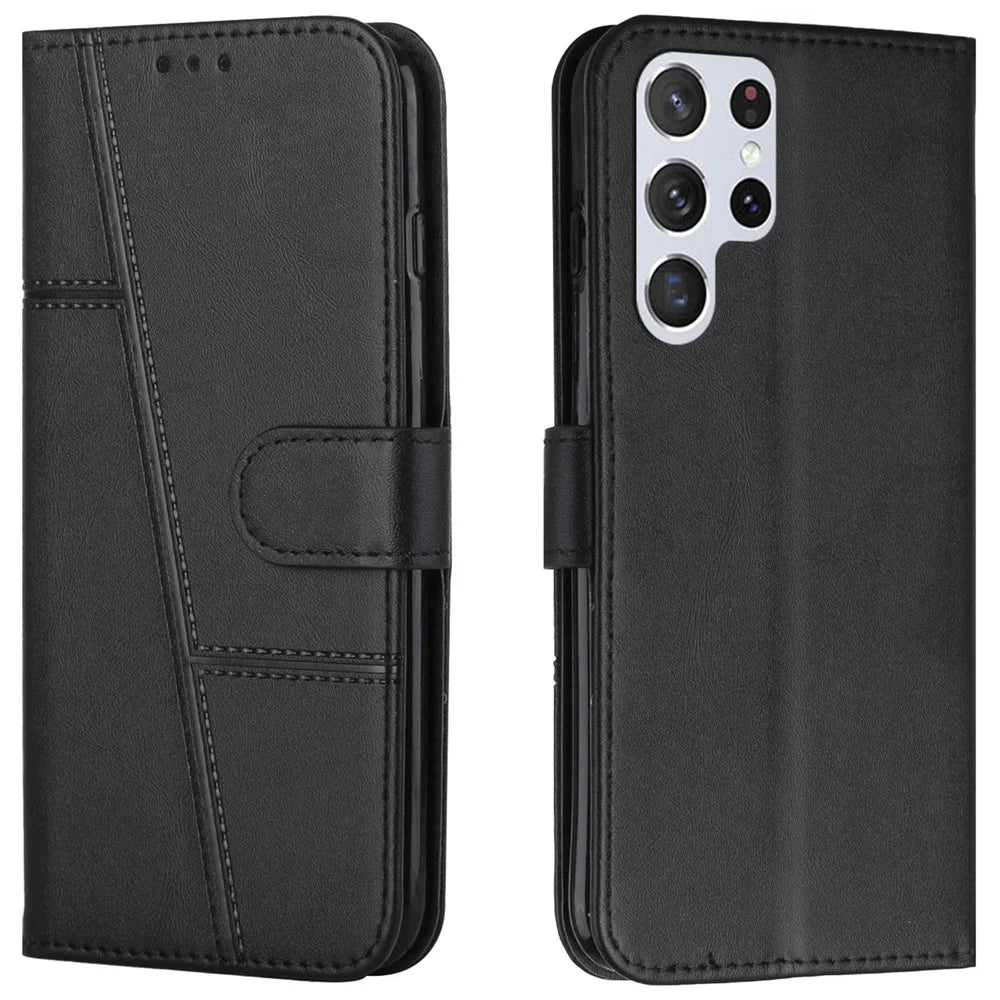 PU Leather Stand Feature Stitching Phone Wallet Cover Case with Strap for Samsung Galaxy S22 Ultra 5G - Black - 1