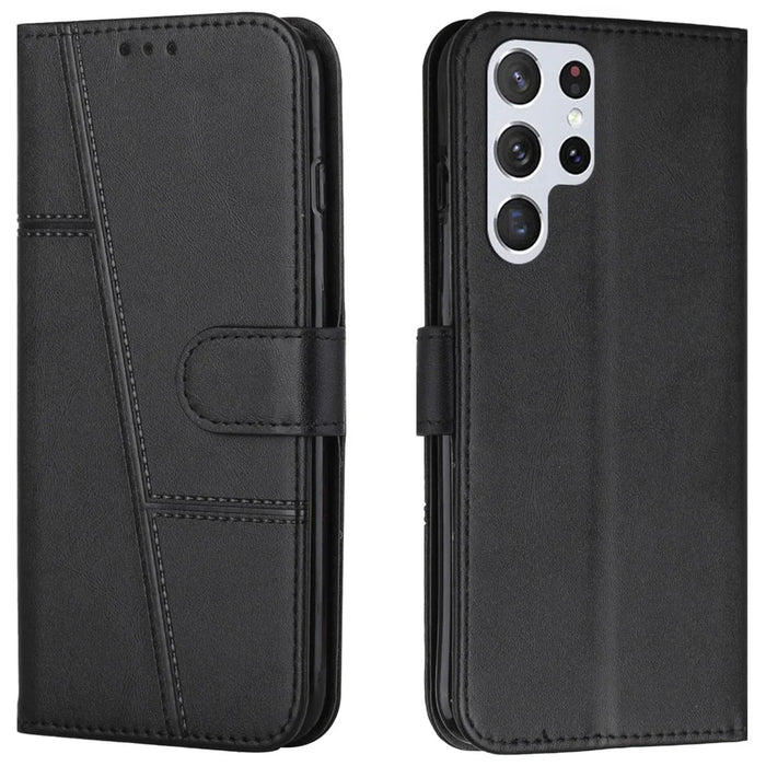 PU Leather Stand Feature Stitching Phone Wallet Cover Case with Strap for Samsung Galaxy S22 Ultra 5G - Black - 1
