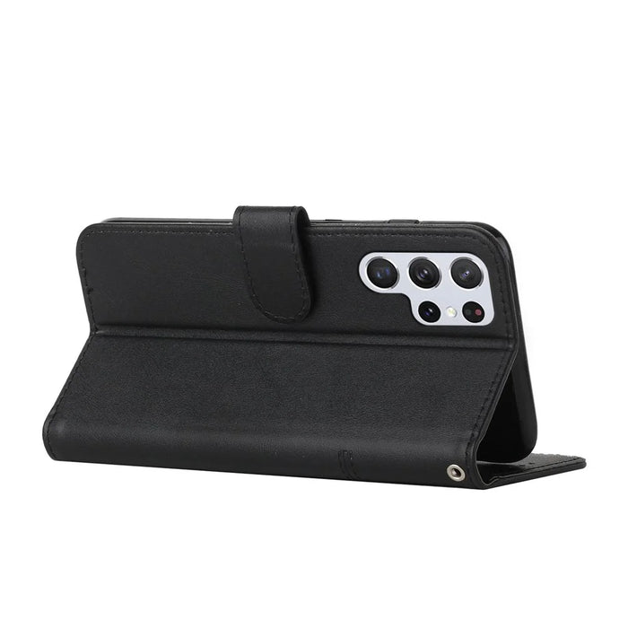 PU Leather Stand Feature Stitching Phone Wallet Cover Case with Strap for Samsung Galaxy S22 Ultra 5G - Black - 7