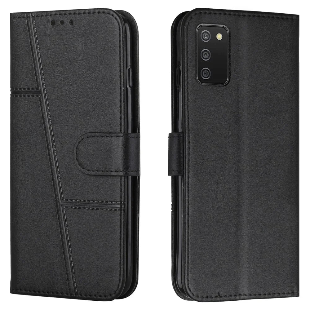 Anti-scratch Stitching Lines Design Flip PU Leather Phone Cover Stand Wallet Phone Case for Samsung Galaxy A03s (164.2mm) - Black - 1