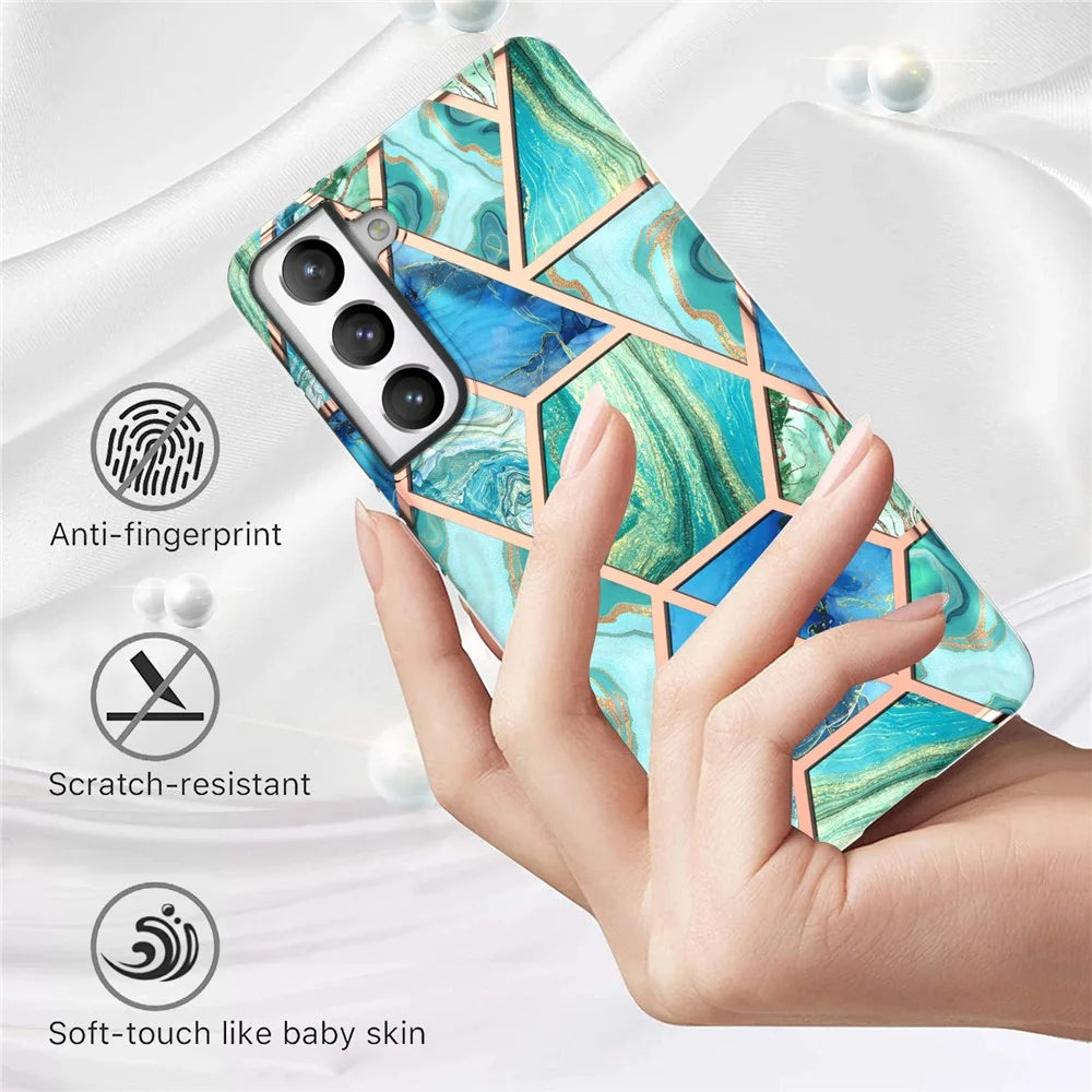 Anti-scratch 2.0mm Marble Pattern IMD Electroplating Soft TPU Phone Cover for Samsung Galaxy S21 FE 5G - Green - 2