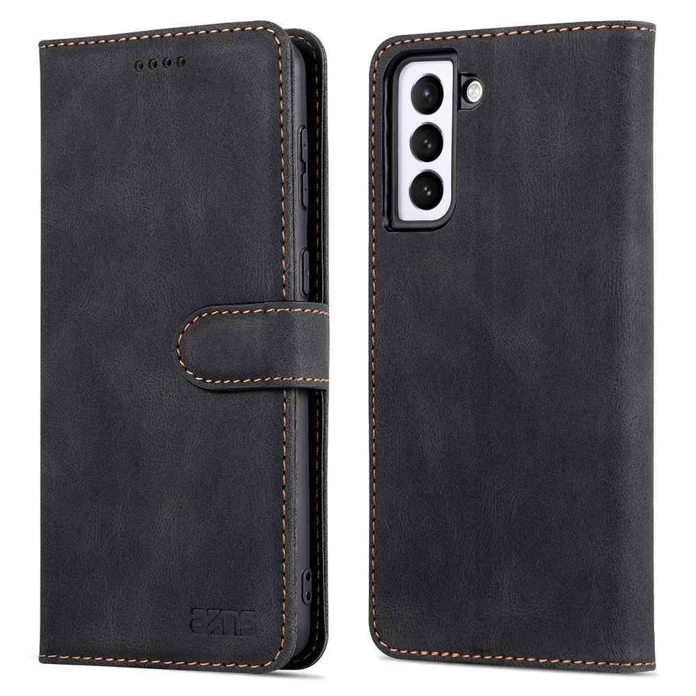 AZNS Stand Wallet PU Leather Cover + TPU Folio Flip Protective Phone Case Cover for Samsung Galaxy S22 5G - Black - 1