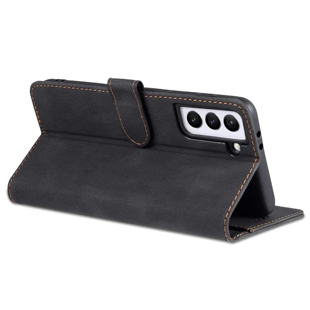 AZNS PU Leather Cover Stand Wallet Folio Flip Phone Case Protector for Samsung Galaxy S22+ 5G - Black - 6