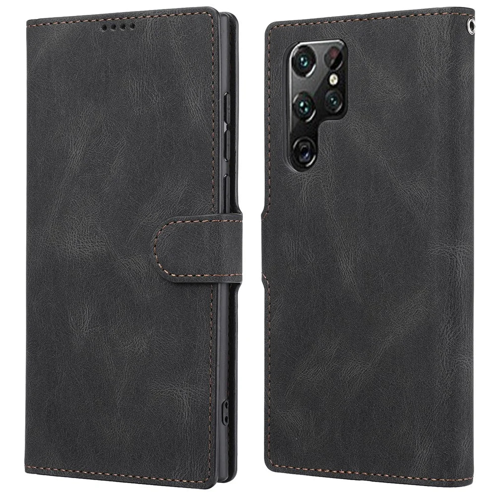 Classic Style PU Leather Magnetic Flip Folio Case Wallet Stand Drop Protection Cover for Samsung Galaxy S22 Ultra 5G - Black - 1
