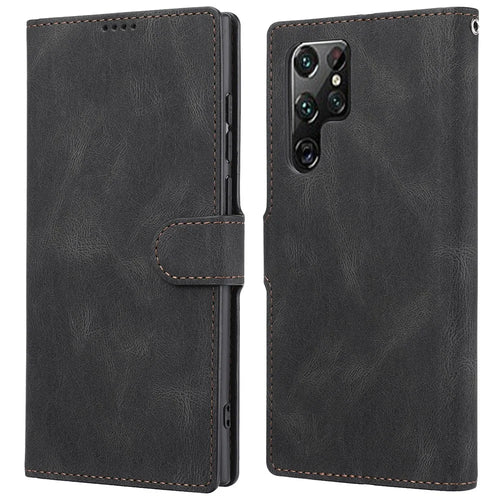Classic Style PU Leather Magnetic Flip Folio Case Wallet Stand Drop Protection Cover for Samsung Galaxy S22 Ultra 5G - Black - 1