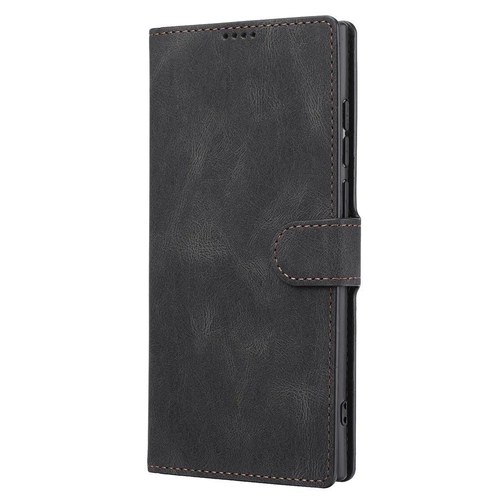 Classic Style PU Leather Magnetic Flip Folio Case Wallet Stand Drop Protection Cover for Samsung Galaxy S22 Ultra 5G - Black - 2
