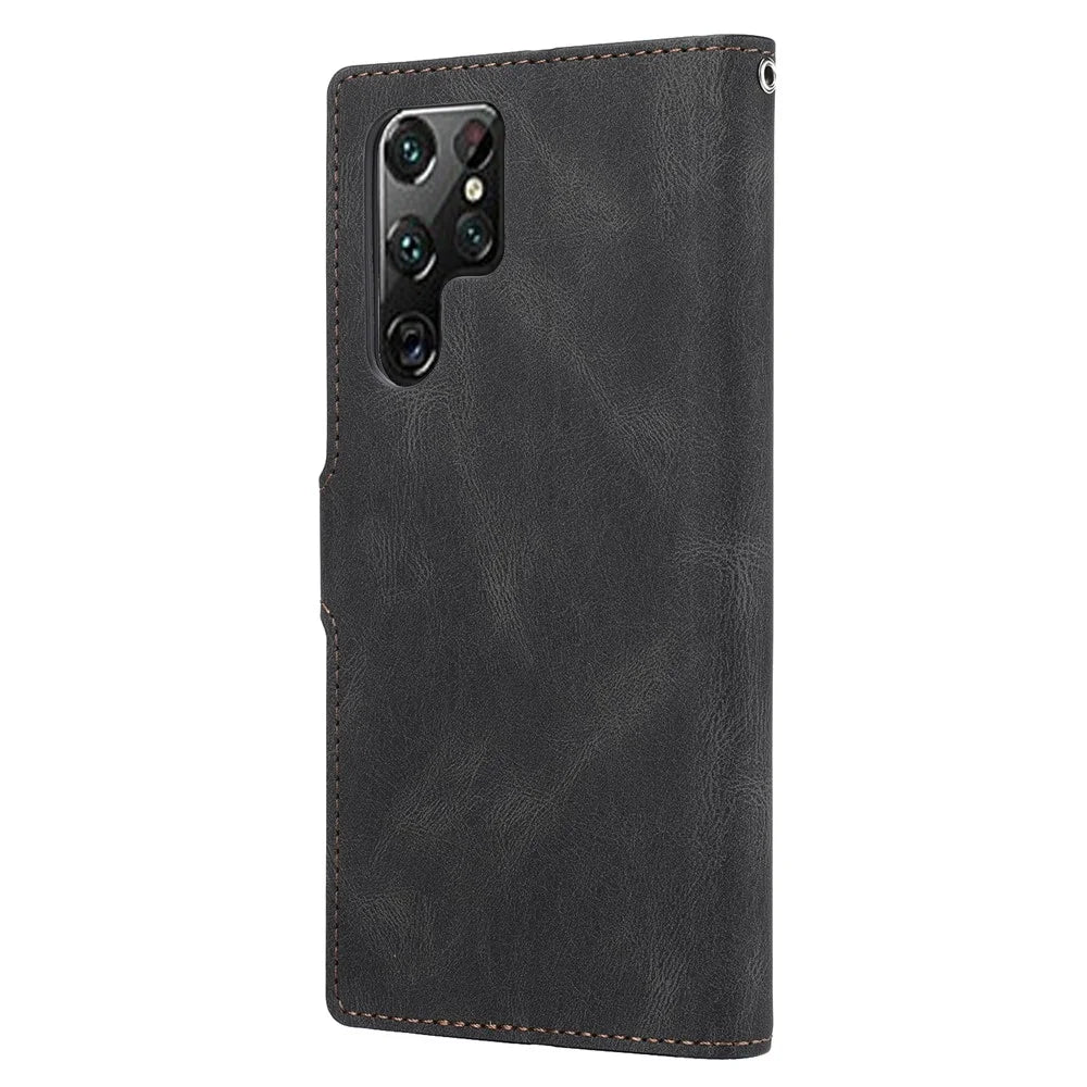 Classic Style PU Leather Magnetic Flip Folio Case Wallet Stand Drop Protection Cover for Samsung Galaxy S22 Ultra 5G - Black - 3